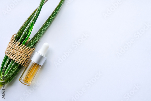 Natural cosmetics concept. Cosmetic oil, serum, gel with aloe vera extract in glass container with pipette on gray background. Organic cosmetics. Top view flat lay.