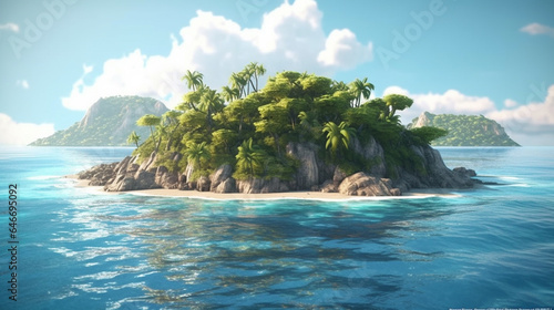 Tropical island with palm trees in the ocean. 3d render generative ai