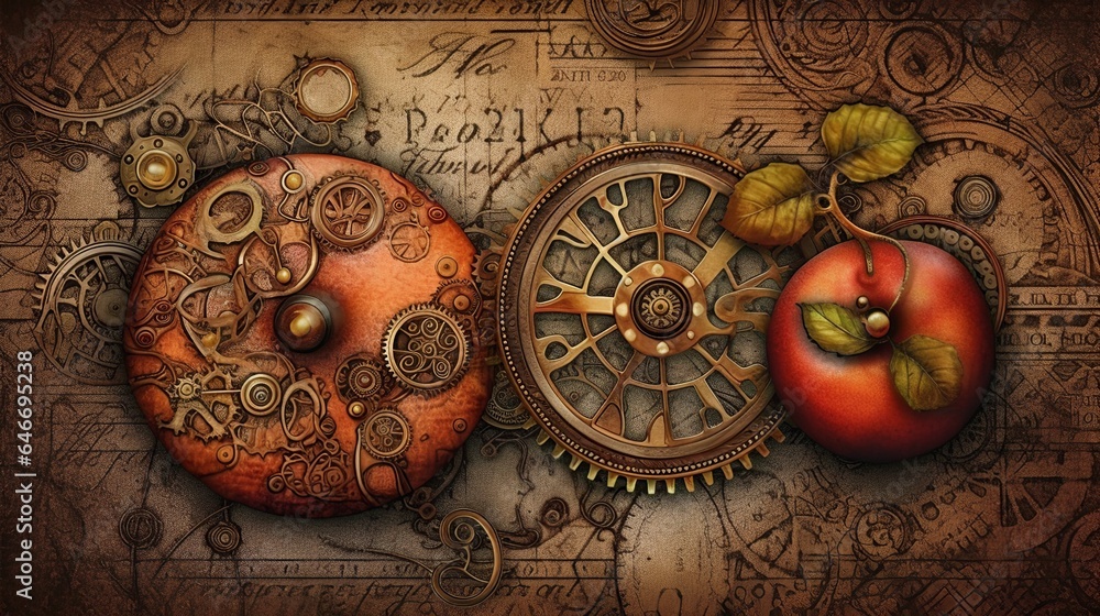 steampunk fruits, retro-futuristic produce, brass and gears fruit ...