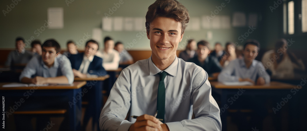 portrait a man in a university high school with blurred group of students studying in the classroom.generative ai portrait a man in a university high school with blurred group of students studying in the classroom.generative ai