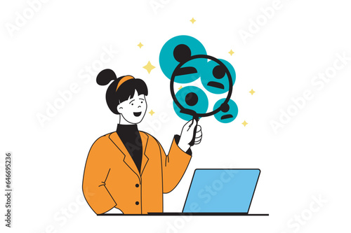 Target audience concept with people scene in flat web design. Woman with magnifier studying customers focus group for lead generation. Vector illustration for social media banner, marketing material.