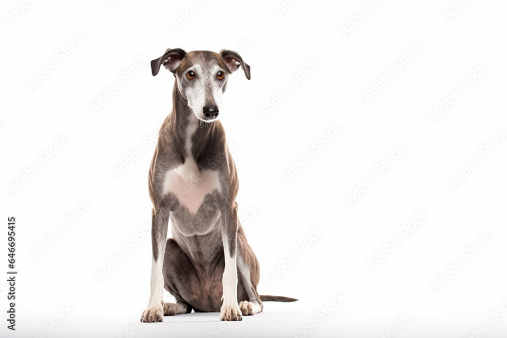 Greyhound dog sitting on white background