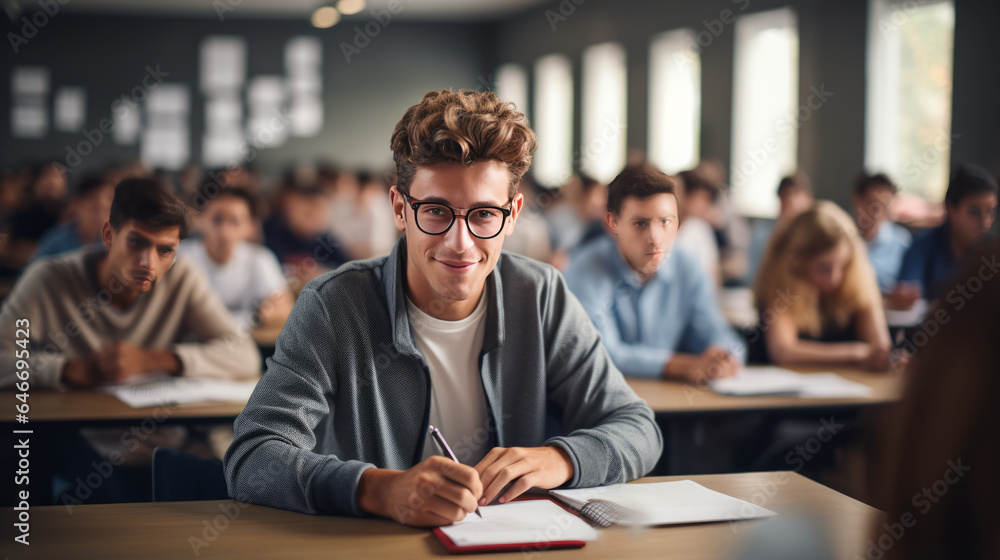 portrait a man in a university high school with blurred group of students studying in the classroom.generative ai portrait a man in a university high school with blurred group of students studying in the classroom.generative ai