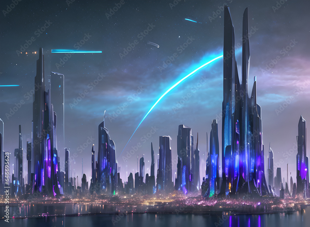 A large futuristic city at night, in neon light, with large high-rise buildings, and nano technologies against the backdrop of a proud future cyberpunk style, Generative AI
