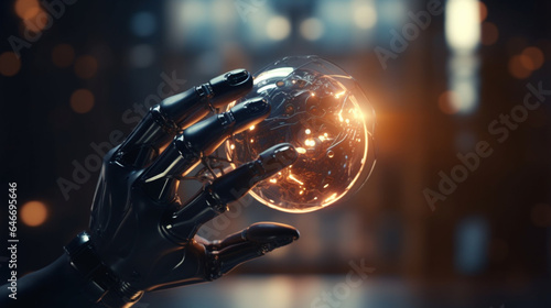 Robot hand holding a glowing crystal ball. 3d rendering. generative ai
