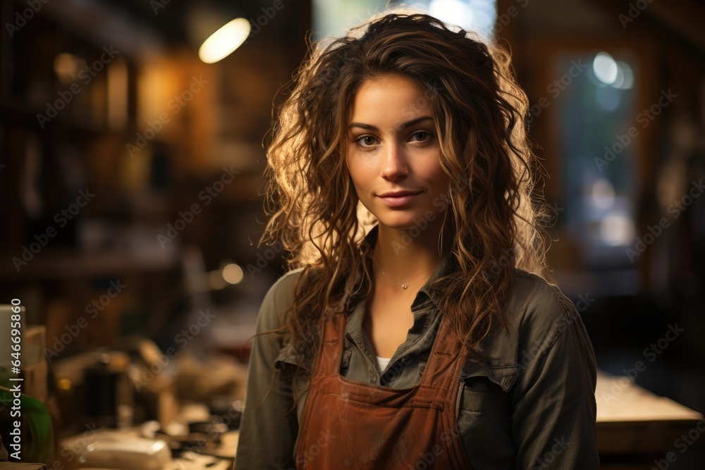 Portrait of woman working in wood shop Portrait of woman working in wood shop