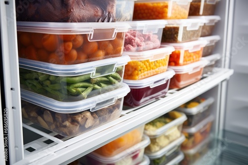 Food in containers in the refrigerator.