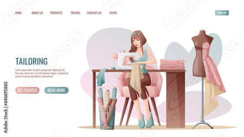 Sewing workshop landing page or web banner template. The dressmaker works on a sewing machine. Profession creative studio. Vector illustration