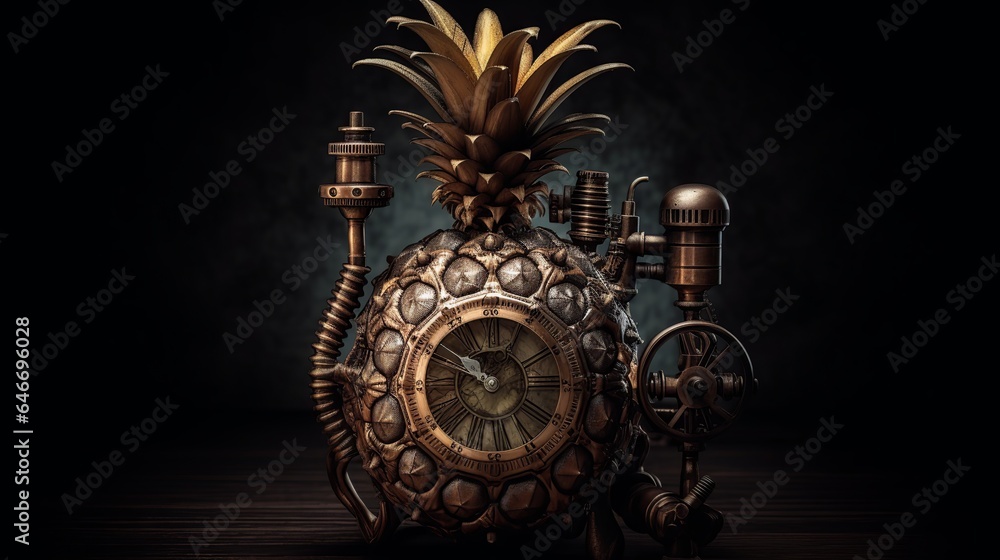 steampunk pineapple, retro-futuristic fruit, brass and gears pineapple, Victorian-inspired pineapple, industrial design fruit, clockwork pineapple, mechanical ananas, vintage generative ai