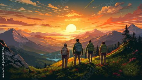 vector art of a family and friends hiking together in the mountains in the vacation trip week. © LomaPari2021