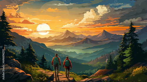 vector art of a family and friends hiking together in the mountains in the vacation trip week.