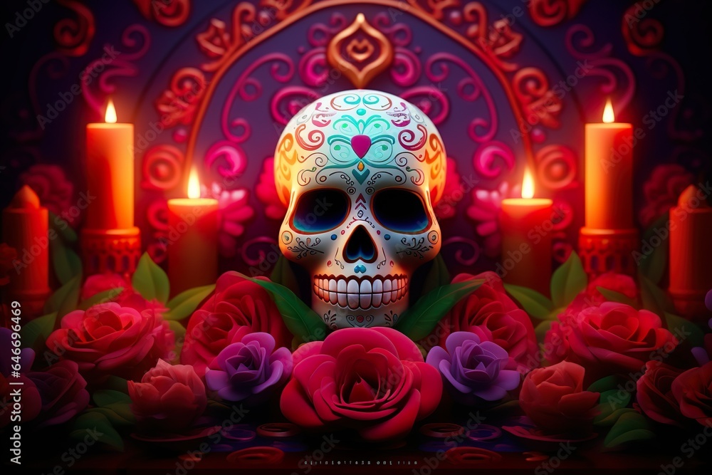 Day of the dead mexican skull surrounded by candles and flowers dia de los muertos skeleton head Day of the dead mexican skull surrounded by candles and flowers dia de los muertos skeleton head