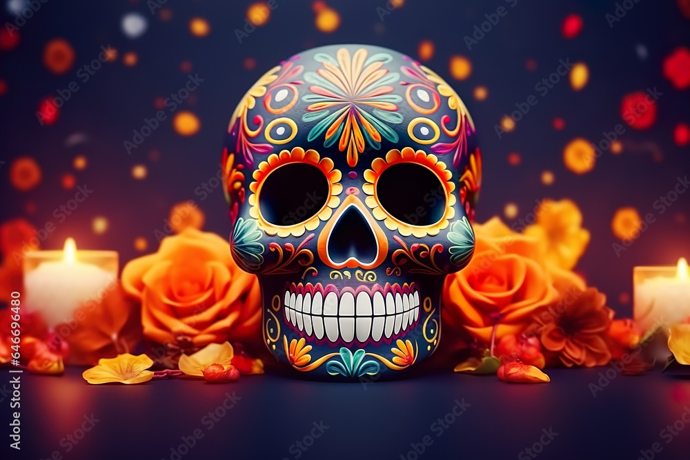 Fototapeta premium Day of the dead mexican skull surrounded by candles and flowers dia de los muertos skeleton head 