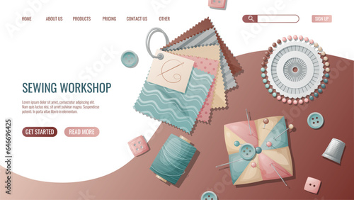 Sewing workshop landing page or web banner template. Hand drawn illustrations of sewing tools, pincushion, fabric, buttons. Pre-made landing for dressmaking, tailoring school, sewing courses