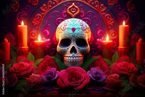 Day of the dead mexican skull surrounded by candles and flowers dia de los muertos skeleton head 