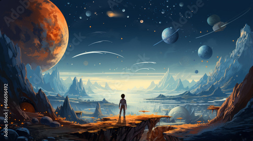 vector art of Children's illustration space, space landscape. wide angle lens realistic lighting photo