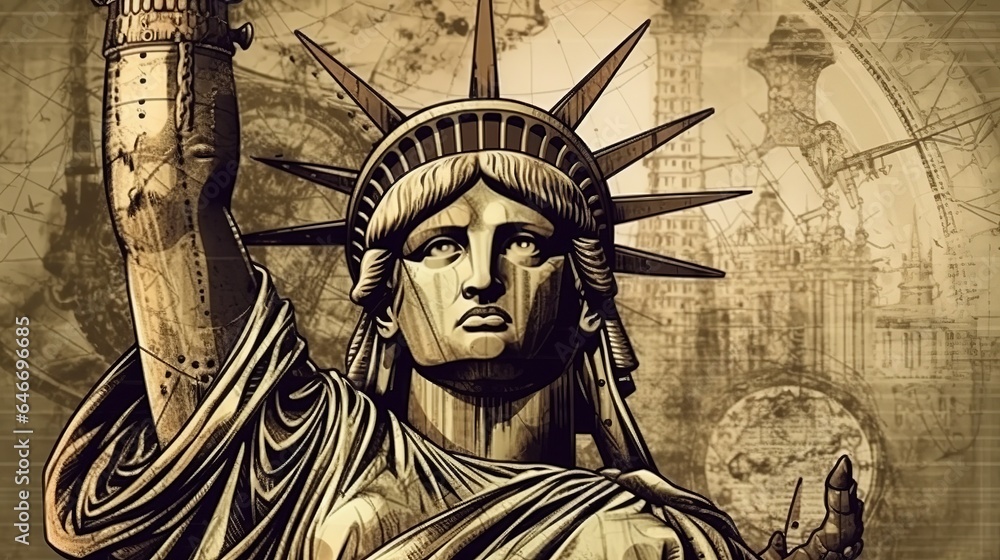 Obraz premium statue of liberty, freedom monument, liberty sculpture, lady liberty, iconic statue, symbol of freedom, colossal landmark, monumental structure, national symbol, New York generative ai