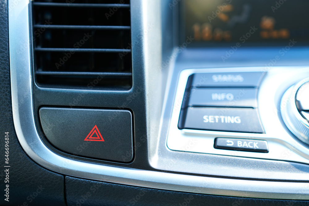 A button with an emergency signaling icon in a modern car.