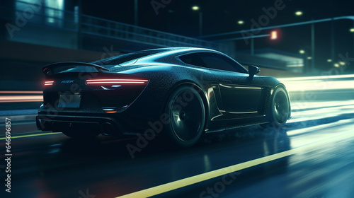 Futuristic sport car on the road at night with motion blur generative ai