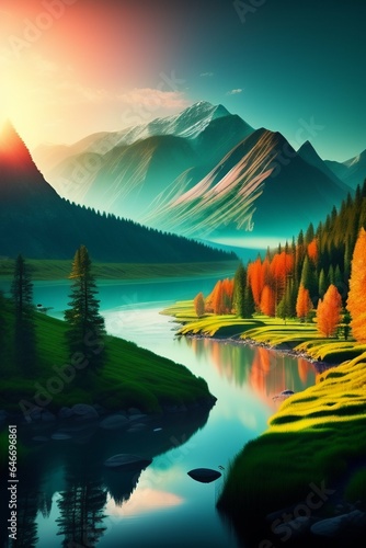 beautiful landscape with mountains and river