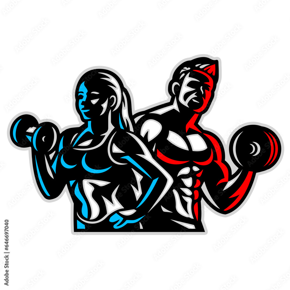 Fototapeta premium fitness couple man and woman with dumbbells in their hands, vector, logo, cartoon, mascot, character, illustration