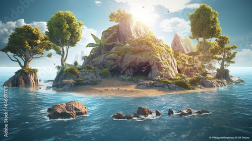 Tropical island ocean in the sea. 3d render illustration.
