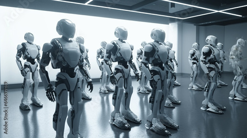 Group of robots in a modern office, blue toned image. generative ai