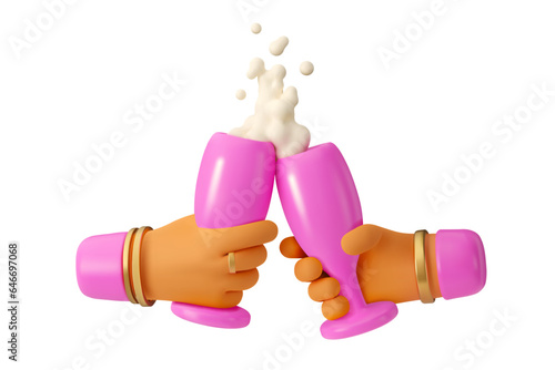 3d woman hands holding wine glass with champagne. Vector render illustration in pink isolated on white background. Cartoon icon toast concept
