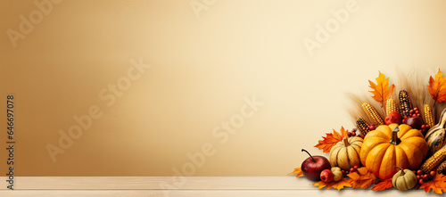 Thanksgiving or Autumn background in warm fall colors and with colorful leaves, pumpkins and grains to symbolize the harvest. Banner texture with copy space.