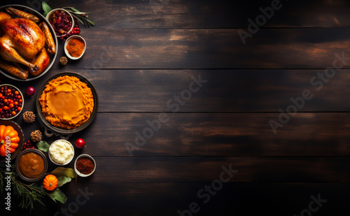 Thanksgiving background with foods from a thanksgiving dinner, turkey, mashed potatoes, gravy and more. Set on a rustic table with top down view and copy space.