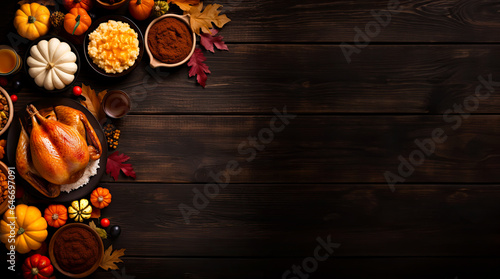 Thanksgiving background with foods from a thanksgiving dinner  turkey  mashed potatoes  gravy and more. Set on a rustic table with top down view and copy space.