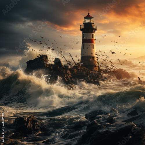  A lighthouse damaged by a storm choppy sea cloudy 
