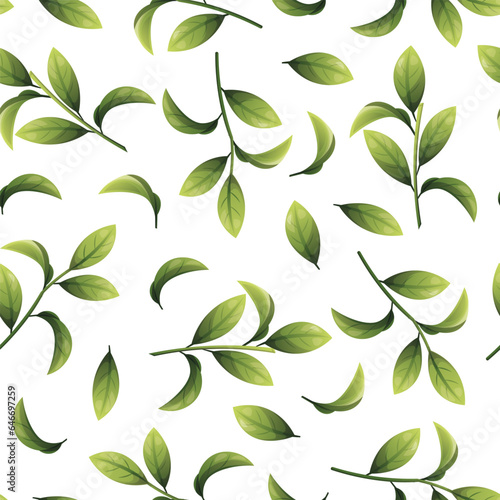 Seamless pattern of green leaves. Blueberry leaf texture. Twigs for fabric, wallpaper, wrapping paper, etc.