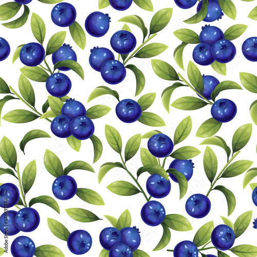 Seamless pattern of blueberries. Texture of blue berries and leaves. Blueberry sprigs for fabric, wallpaper, wrapping paper, etc.