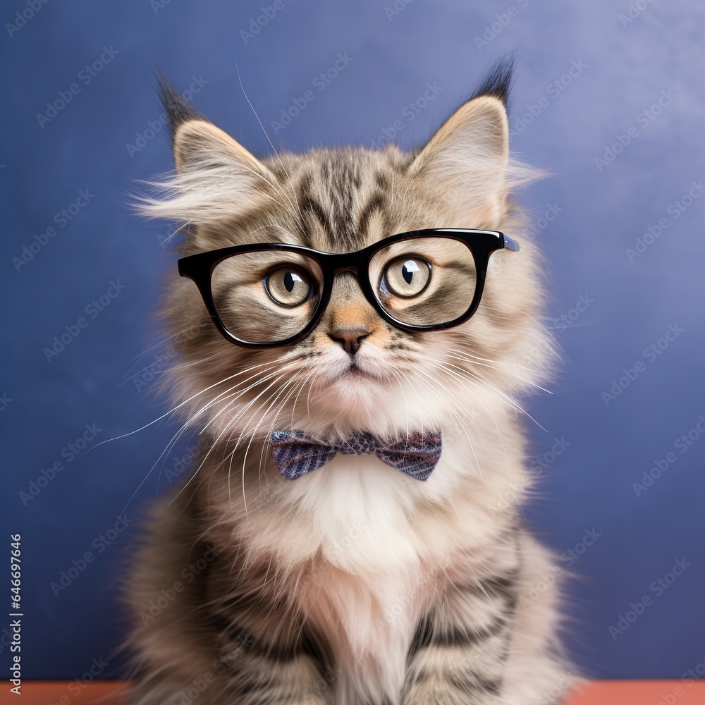 Closeup portrait of funny cat wearing glasses isolated on clear background