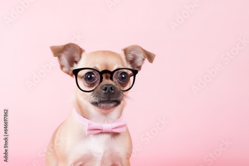 Cool puppy dog with glasses in studio. Clear background