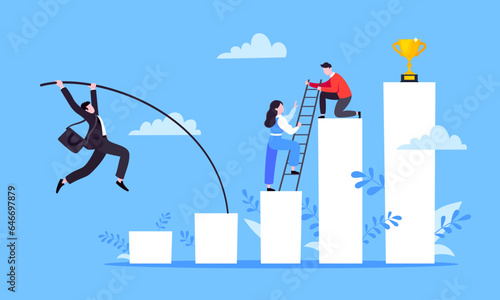 Businessman jumps pole vault over graph bars flat style design vector illustration business concept. Business growth and goal achievement concept.