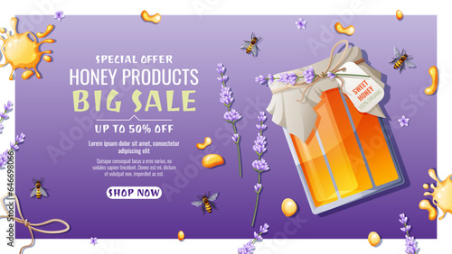 Honey jar with drops, bees and lavender. Honey products from wild flowers. Discount banner, background, poster for honey shop. Natural, healthy product, sweetness,