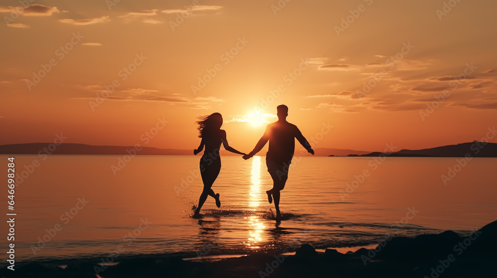 dark silhouette image of a happy couple running at a beach . 