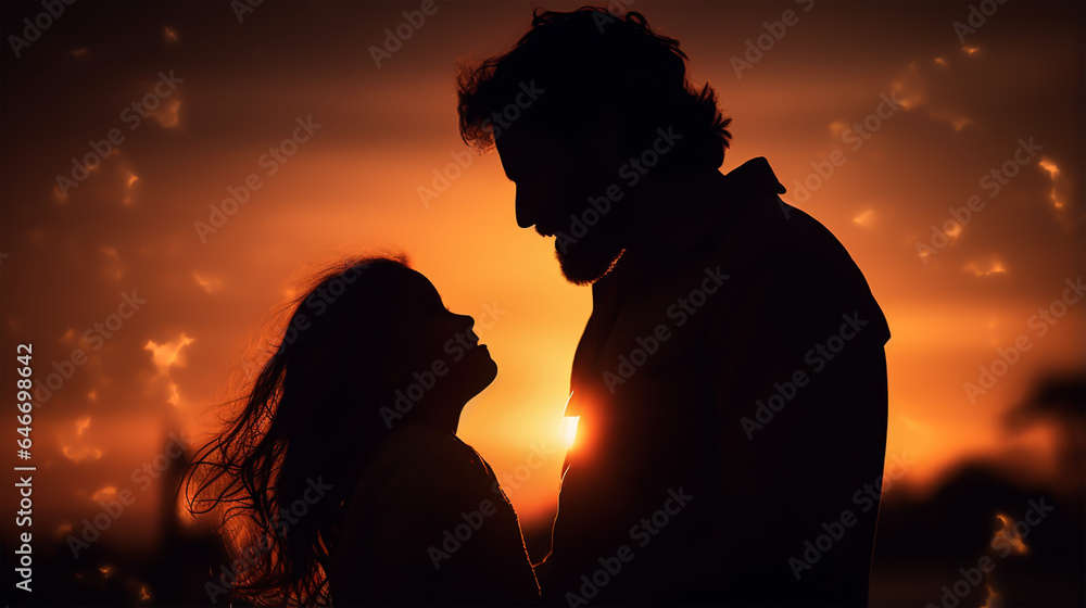 dark silhouette image of a daughter and father . 
