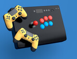 Top view gamer gears like joystick and vintage arcade stick on blue background