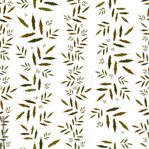 Seamless pattern with green jagged marigold leaves on a white background