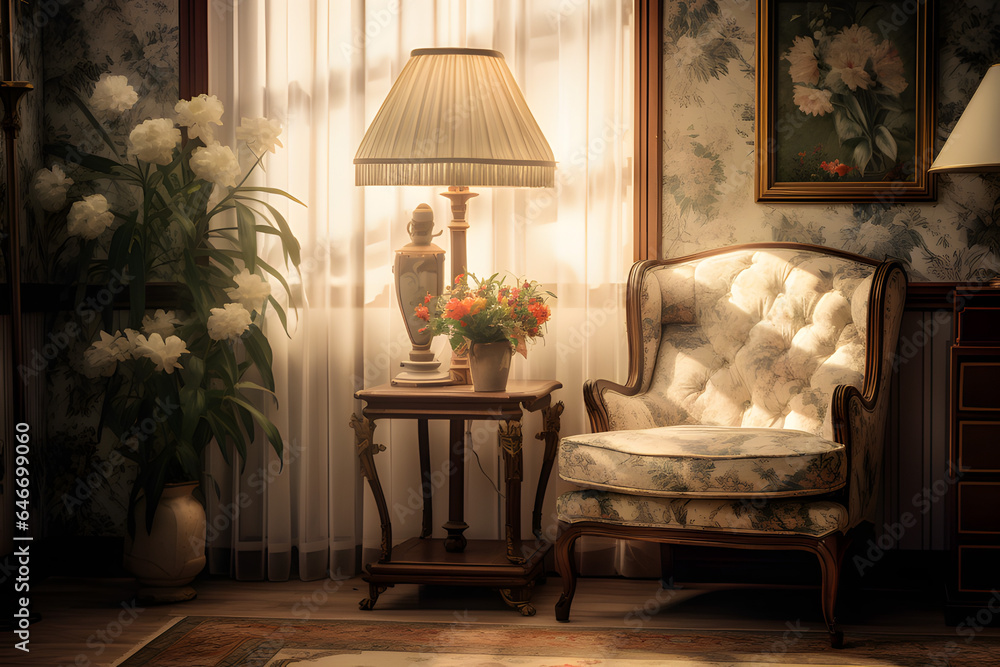 Fototapeta premium Traditional interior design,bright lighting,lamp,frame,plant,morning lighting,carpet,wallpaper.