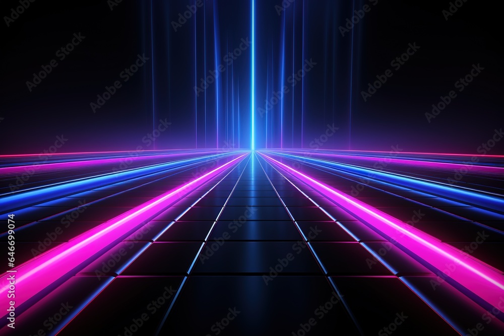 Abstract dark background with blue and pink neon glow, Neon lines of light, Background empty scene