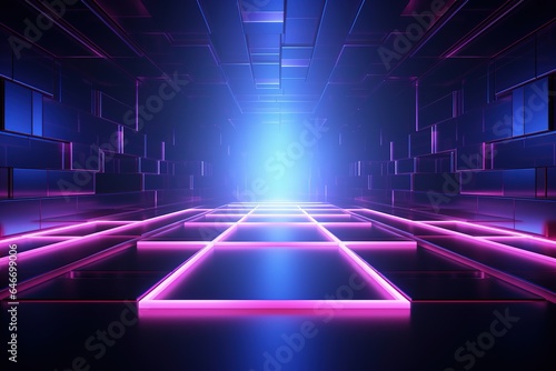 3d render neon abstract background, Futuristic landscape, reflections on the ground, Rectangular blank frame, copy space, Purple pink blue light, virtual reality, laser rectangle
