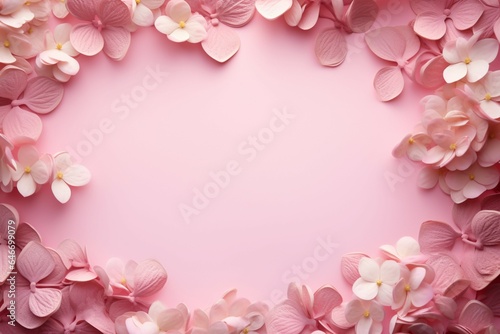 Hydrangea flower frame on pink background, conveying love on special days © Muhammad Shoaib
