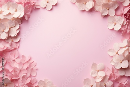 Hydrangea flower frame on pink background, conveying love on special days