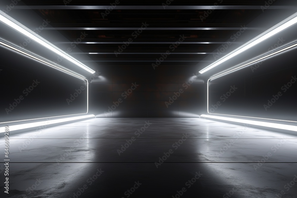Futuristic Sci Fi White Neon Glowing Line Lights In Empty Dark Room With Concrete Floor WIth Reflections And Empty Space For Text 3D Rendering Illustration Futuristic Sci Fi White Neon Glowing Line Lights In Empty Dark Room With Concrete Floor WIth Reflections And Empty Space For Text 3D Rendering Illustration