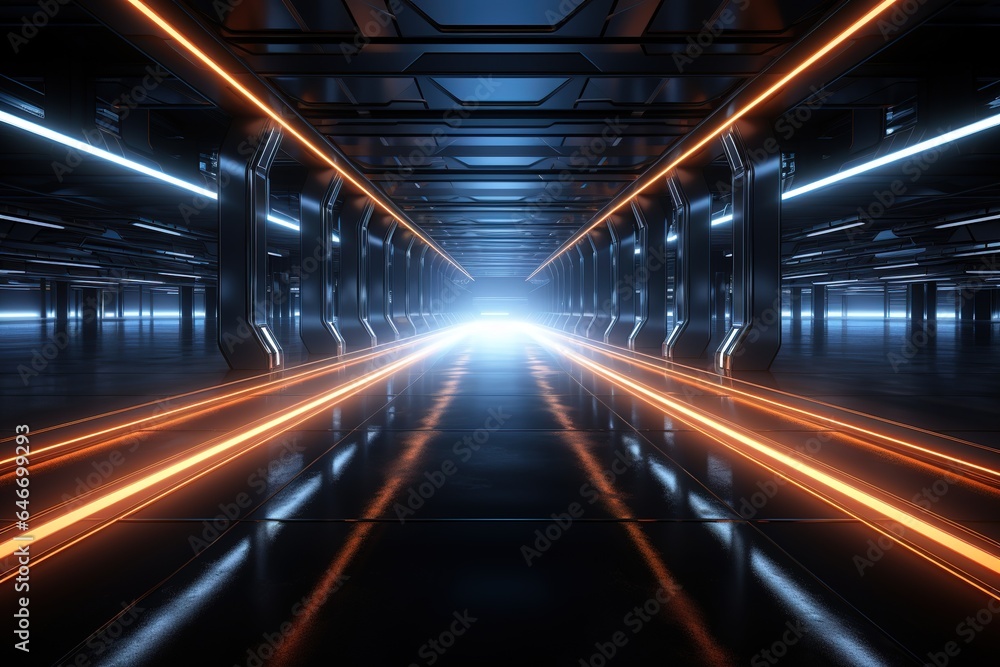 Futuristic Sci Fi White Neon Glowing Line Lights In Empty Dark Room With Concrete Floor WIth Reflections And Empty Space For Text 3D Rendering Illustration Futuristic Sci Fi White Neon Glowing Line Lights In Empty Dark Room With Concrete Floor WIth Reflections And Empty Space For Text 3D Rendering Illustration