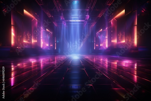 Empty dark abstract background, Background of empty show scene, Glow of neon lights on an empty concert venue, Reflection of light on the pavement